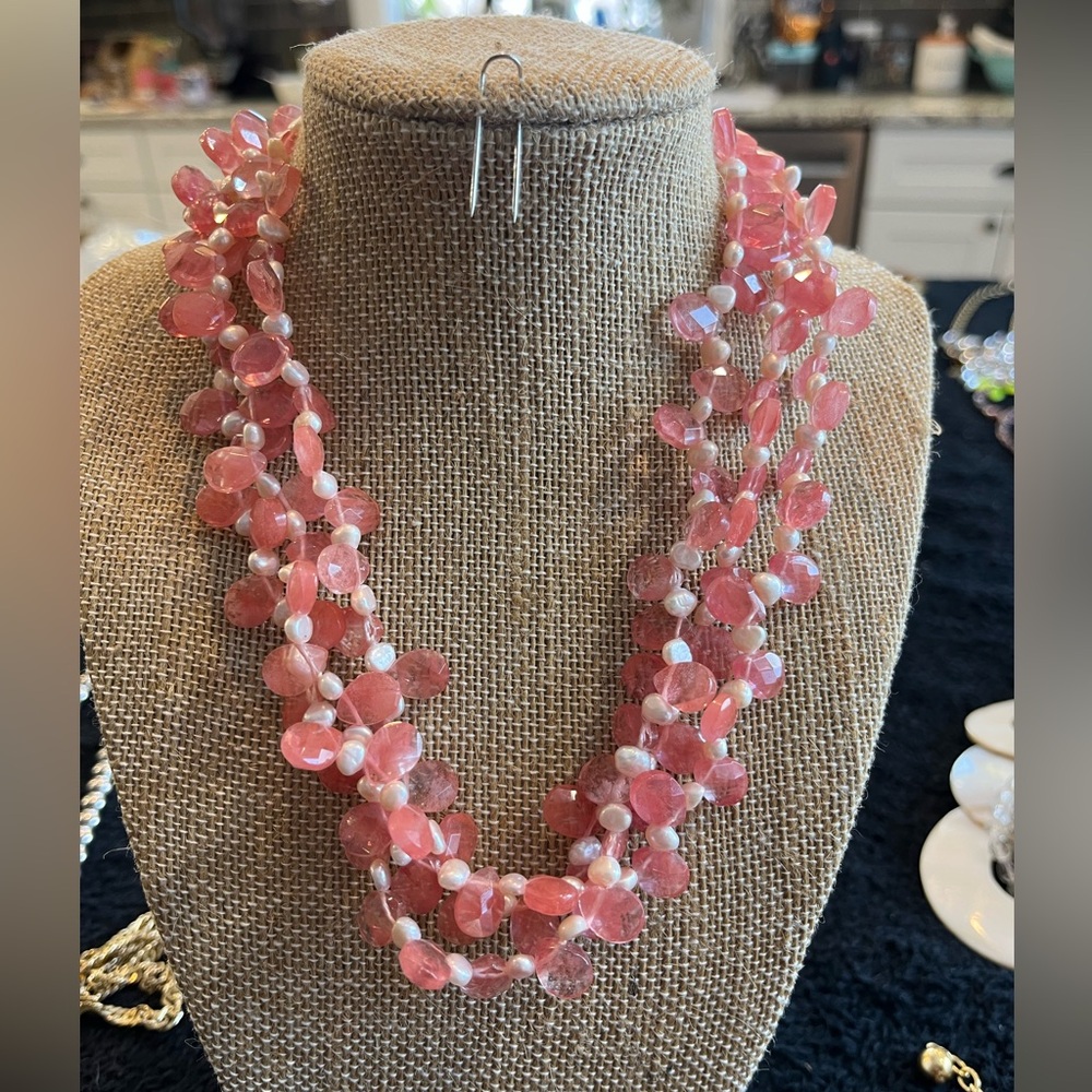Vintage Cherry Quartz and natural Pearl necklace